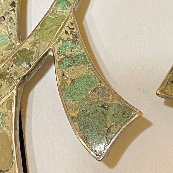 2.5" x 1.75" Vintage Mexican Taxco Sterling Silver & Crushed Stone Earrings - Picture 11 of 16